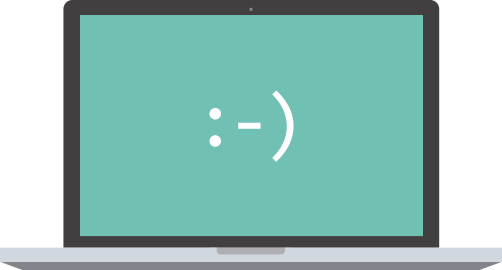 Imagem de um computador com a tela mostrando um emoticon sorrindo.